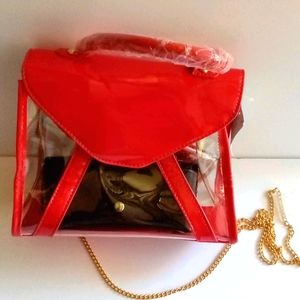 NEW! Clear Handbag with Red PVC & Gold Chain Strap